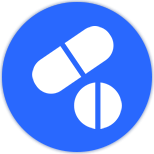 Blue icon of a pill jar with the letters “Rx” on it